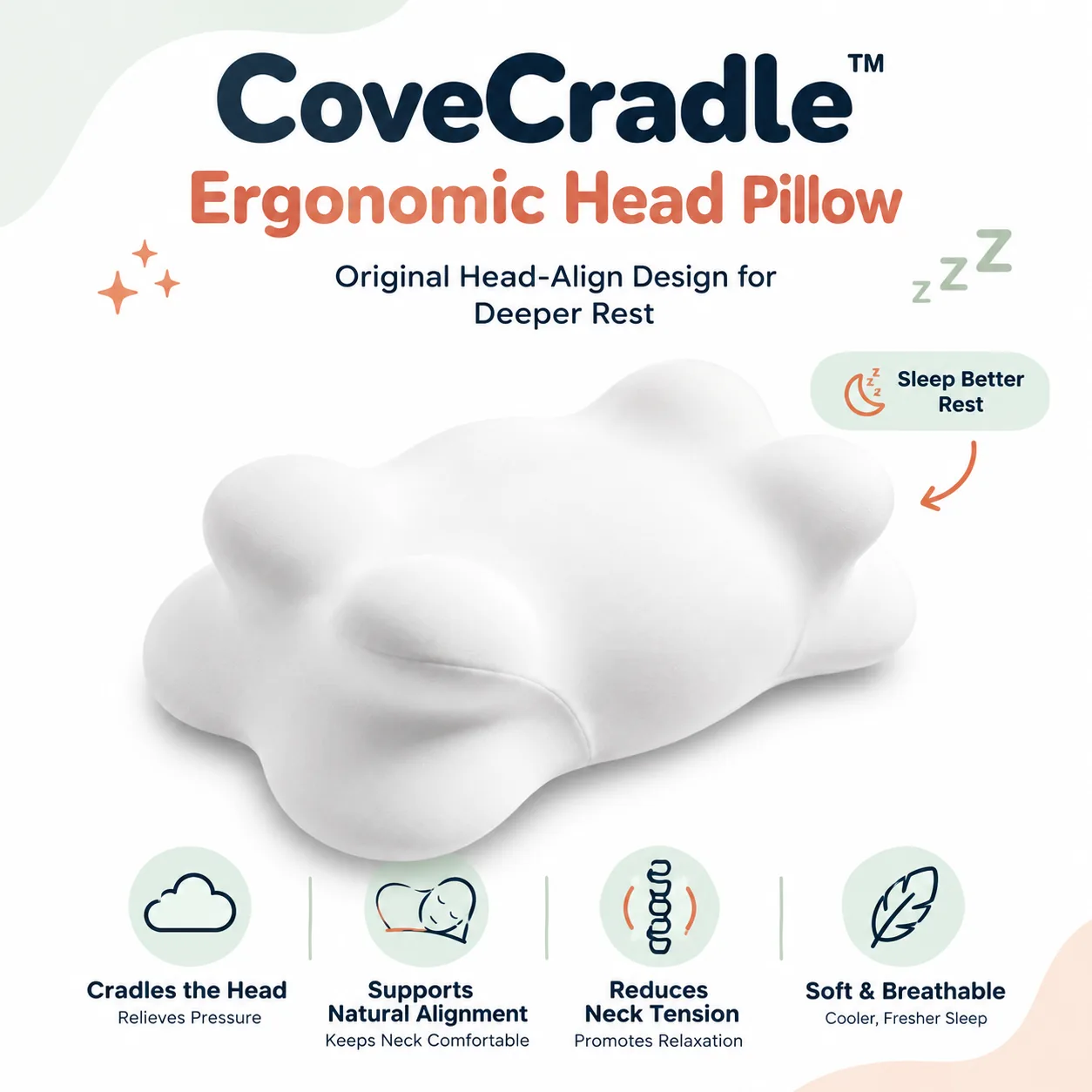 CoveCradle Ergonomic Head Pillow — white contoured pillow with callouts for cradling the head, natural alignment, reduced neck tension and breathable sleep