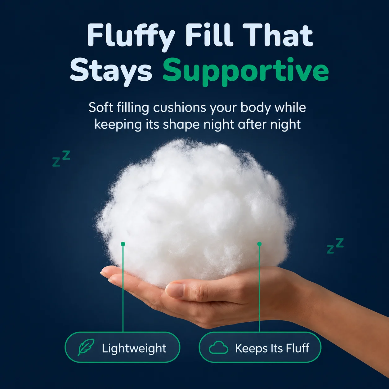 Fibre fill shown in hand — soft filling that keeps its shape
