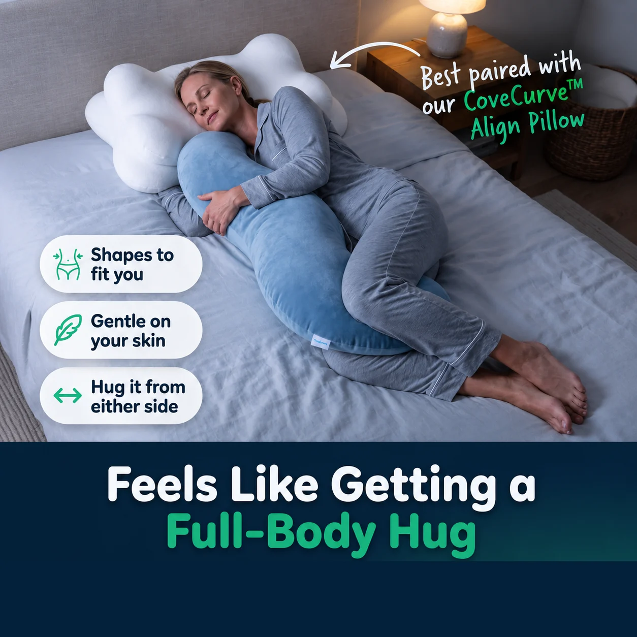 CoveCurve Body Align Pillow in use — side sleeper hugging the pillow in bed