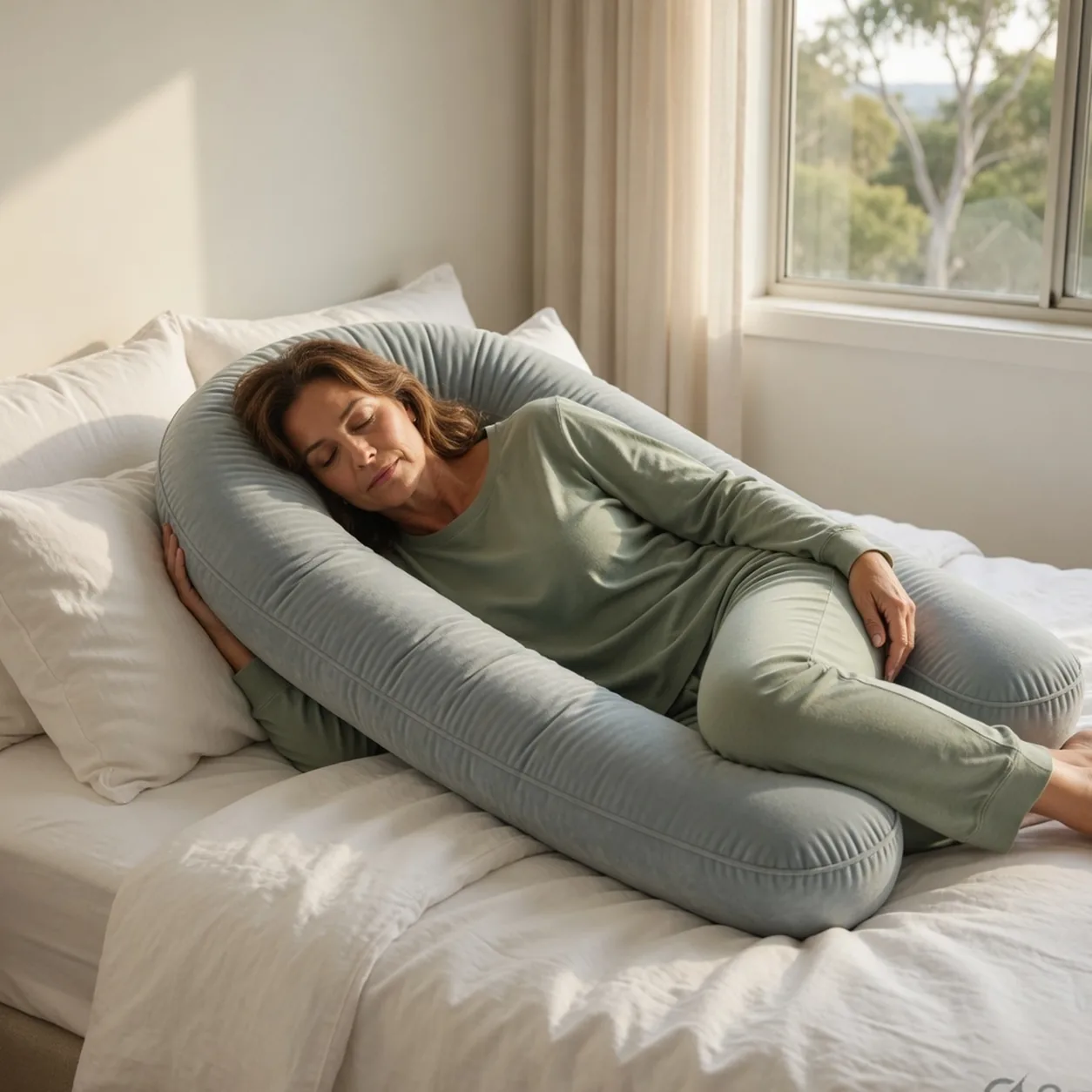 Side sleeper lying inside the CoveLoop U — one arm along the back, one along the front